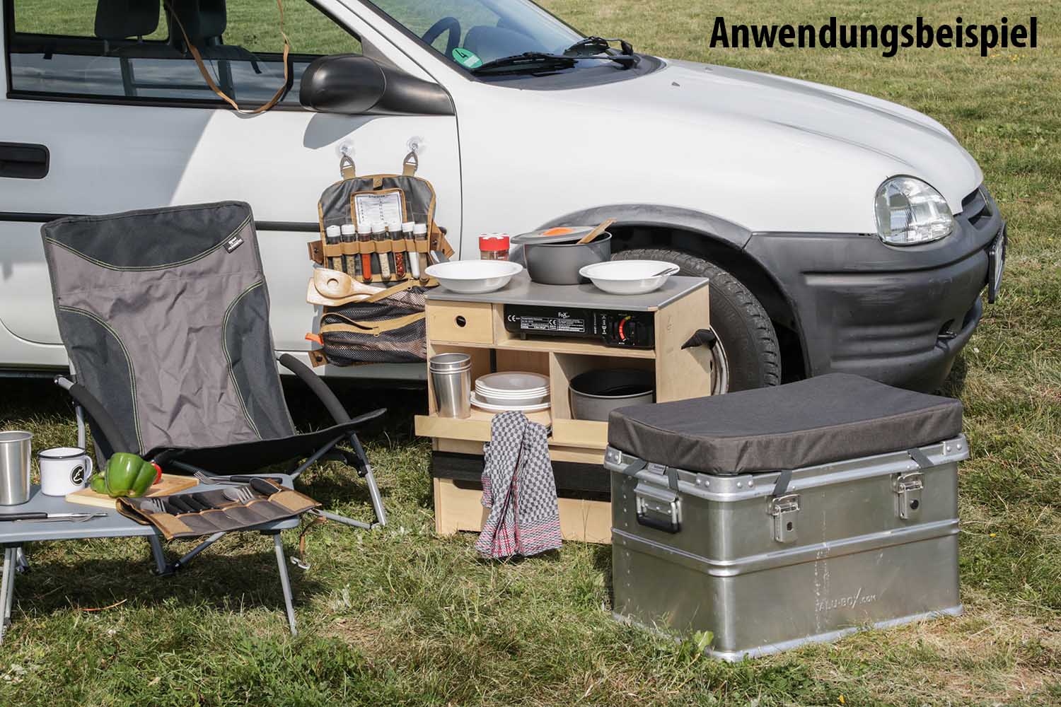 Anwendungsbeispiel, Sitzauflage Alubox, Camping, outdoor